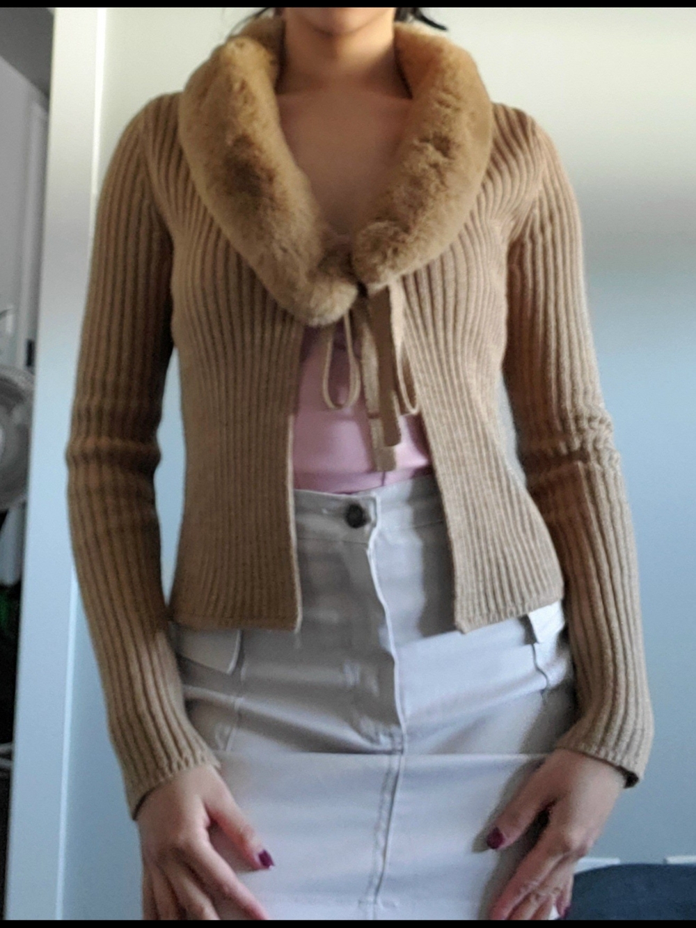 Faux-Fur Collar Ribbed Knit Sweater Cardigan - Beige
